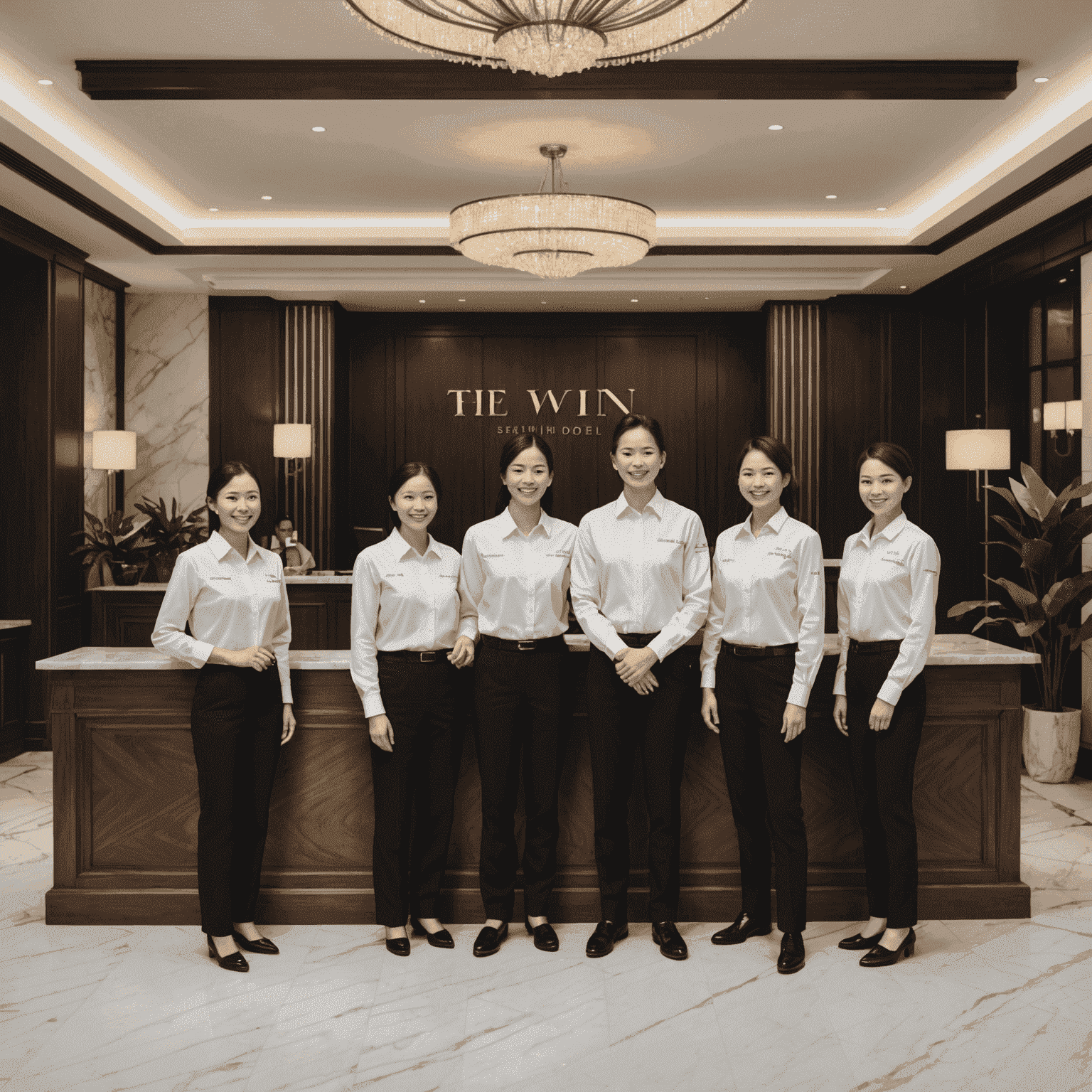 Il team di 1win Hotel riunito nella hall dell'hotel. Si vedono membri del personale sorridenti in uniforme professionale, tra cui receptionist, personale di pulizia e manager. Sullo sfondo, l'elegante reception dell'hotel con dettagli in legno scuro e marmo.