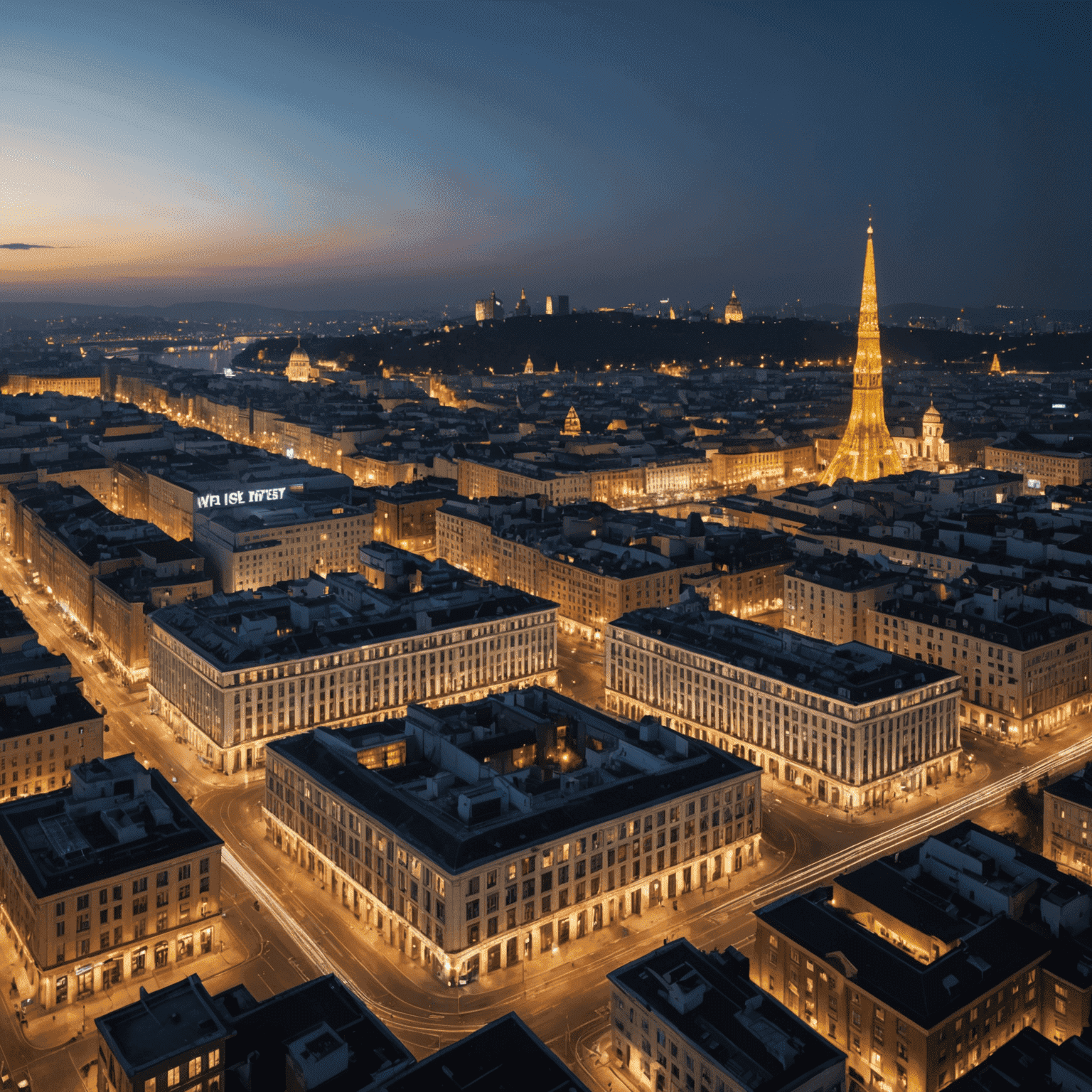 Vista panoramica del centro città di notte, con l'1win Hotel in primo piano e le luci scintillanti dei monumenti e degli edifici circostanti