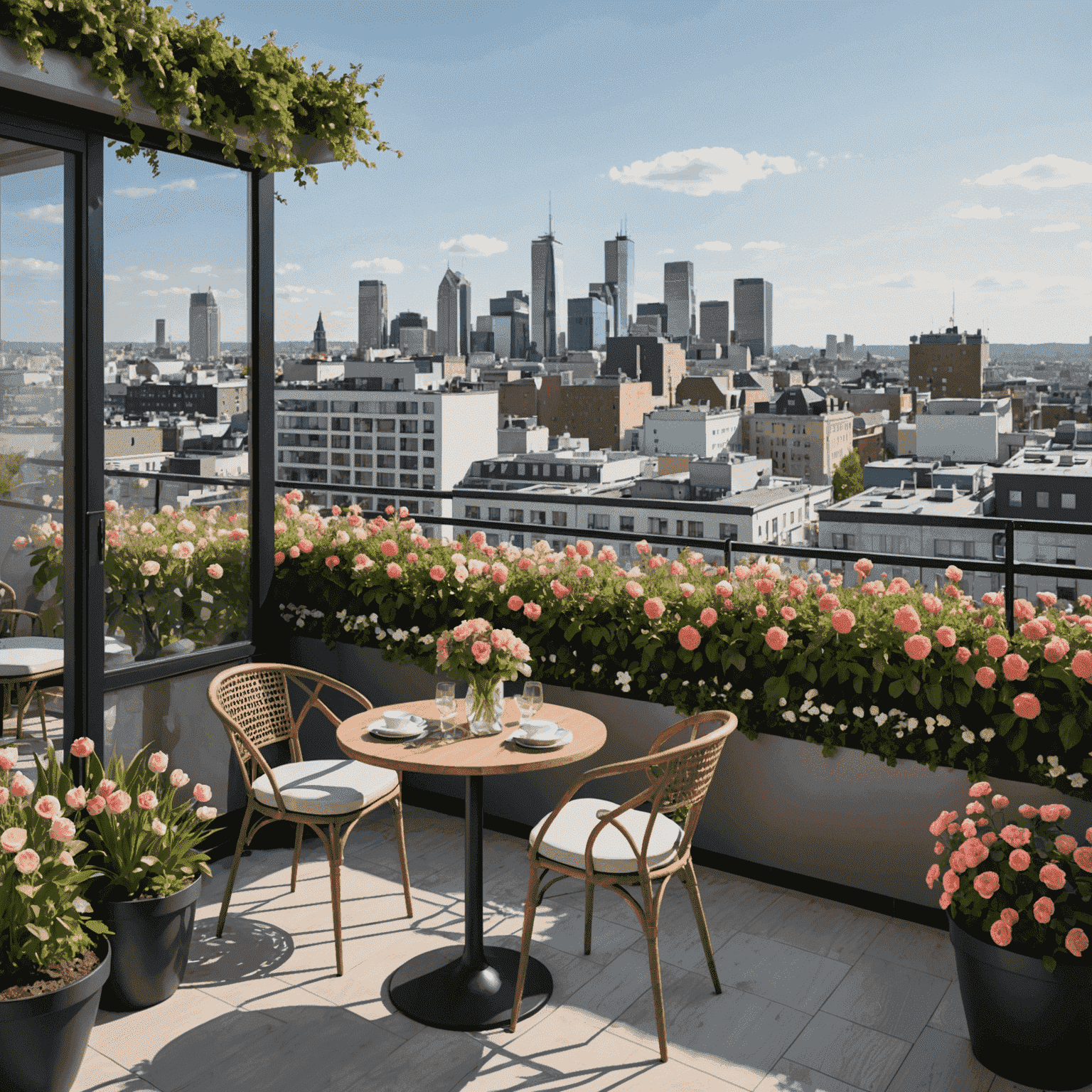 Terrazza fiorita dell'1win Hotel con vista sulla città in primavera