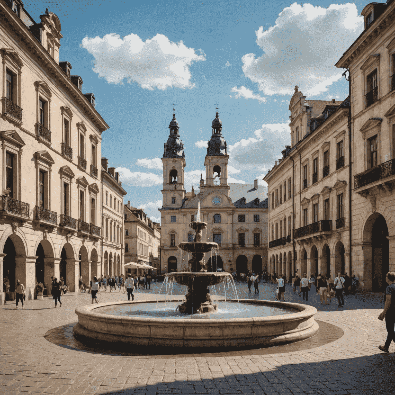 Piazza principale della città con una fontana storica al centro, circondata da edifici d'epoca e turisti che passeggiano