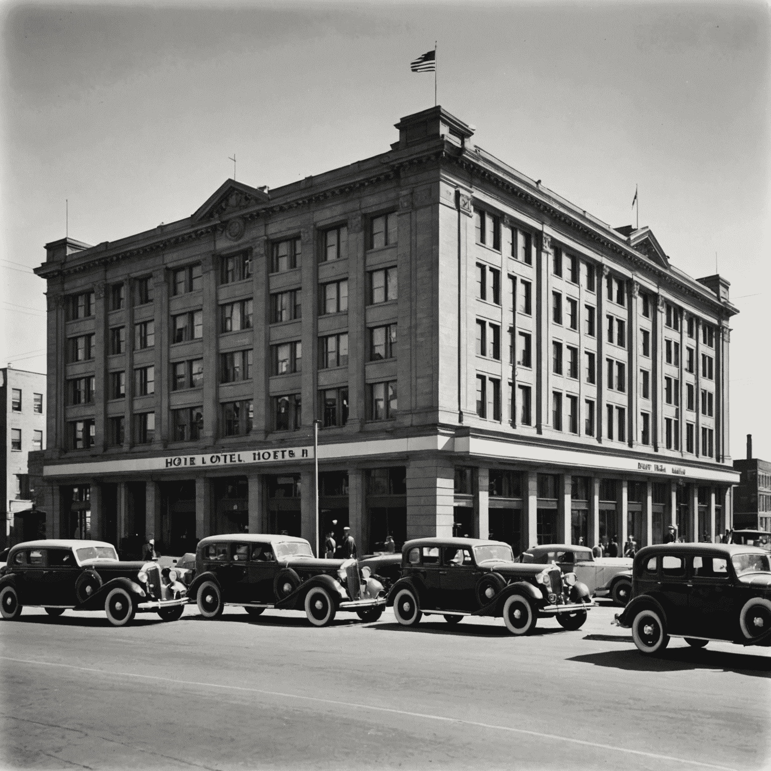 Foto in bianco e nero dell'Hotel 1win negli anni '30, mostrando l'edificio appena completato con automobili d'epoca parcheggiate di fronte