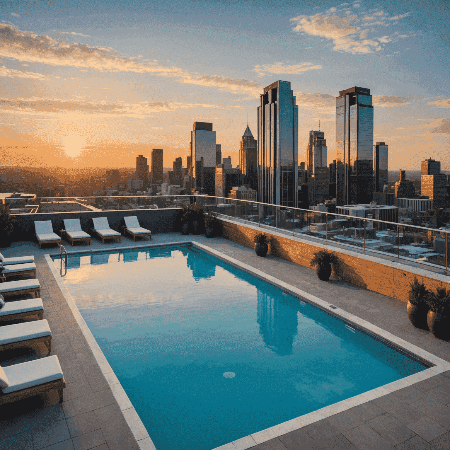 Piscina sul tetto dell'1win Hotel con vista panoramica della città al tramonto