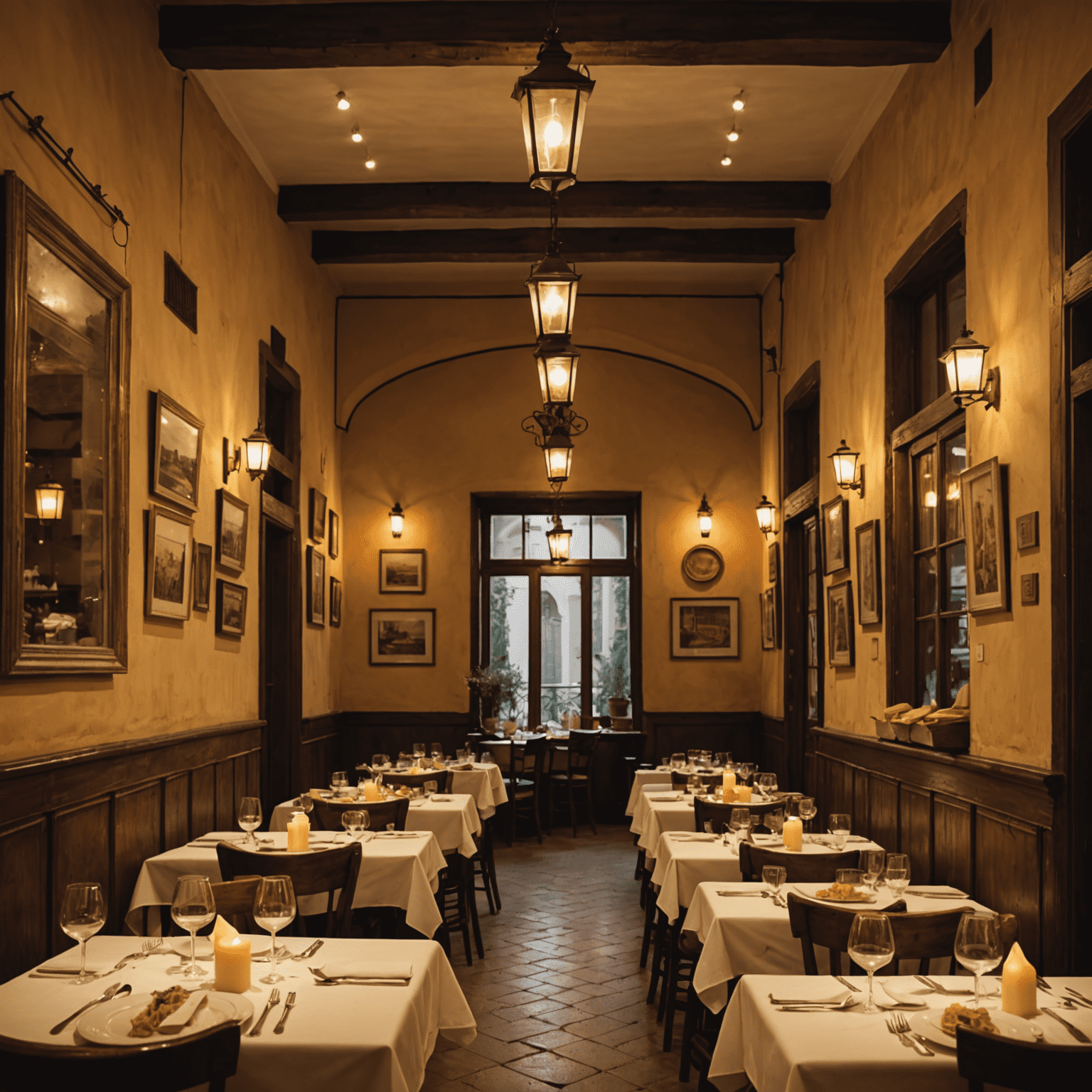 Interno di un ristorante tradizionale italiano con tavoli in legno, candele accese e piatti di pasta fresca serviti