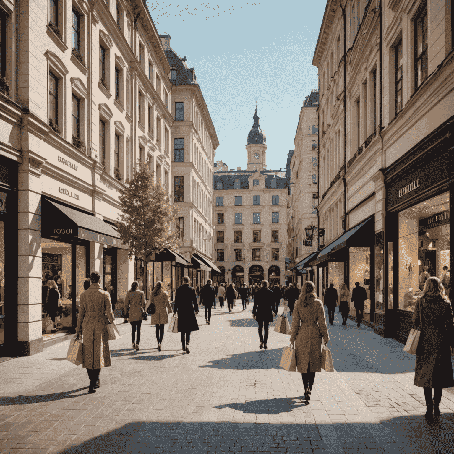 Strada pedonale del centro con negozi di lusso, vetrine eleganti e persone ben vestite che passeggiano con borse della spesa