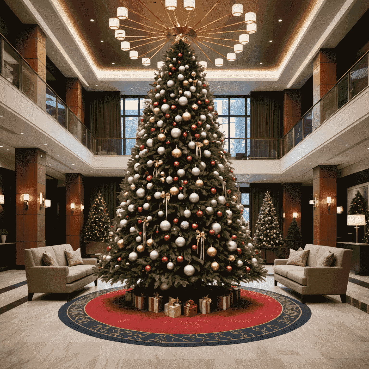 Lobby dell'1win Hotel decorata per le festività invernali con un grande albero di Natale