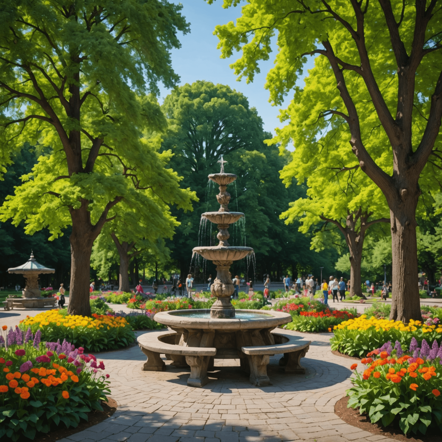 Giardini pubblici con panchine, fontane e statue, circondati da alberi secolari e fiori colorati